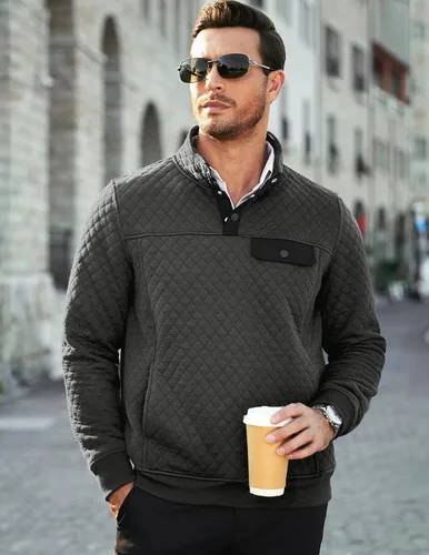 Vista 2 de JMIERR Sudadera acolchada para hombre, casual, de manga larga, cuello alto, con botones