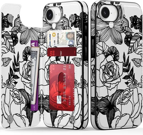 Vista 197 de FUNMIKO Funda tipo cartera para iPhone 15 con tarjetero + clip para efectivo, bloqueo RFID, protección contra caídas de grado militar y obras