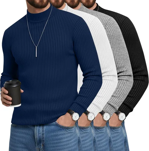 Vista 14 de Paquete de 4 Camisetas de Cuello Alto Simulado para Hombre de Algodón de Punto Acanalado de Manga Larga Pullover Ajustado Casual Suéteres Básicas