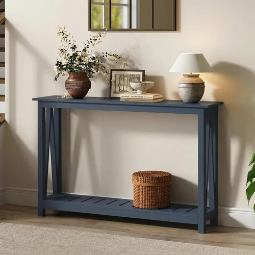 Vista 10 de ChooChoo Mesa de Consola para Entrada, Mesas de Sofá para Sala de Estar Estilo Granja, Mesa Estrecha para Pasillo y Vestíbulo con Estante, Negro