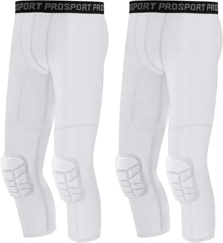 Vista 16 de Paquete de 2 pantalones de baloncesto para hombre con rodilleras 3/4 capri acolchadas, mallas de compresión deportivas, capa base atlética