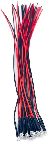 Vista 2 de 30 piezas de luces LED de 12 voltios de 3mm con parte superior plana verde, diodos emisores de luz precableados, lente de agua transparente de 7.9