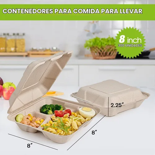 Vista 2 de ECOLipak Paquete de 300 recipientes con forma de ostra para llevar, 100% compostables y desechables, recipientes para llevar comida de 20,3 x 20,3 3
