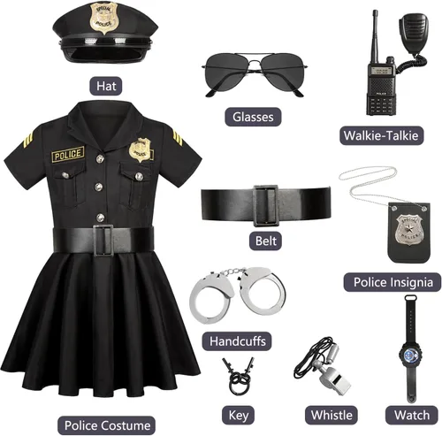 Vista 2 de Disfraz de oficial de policía para niñas y niños, disfraz de policía con accesorios de lujo