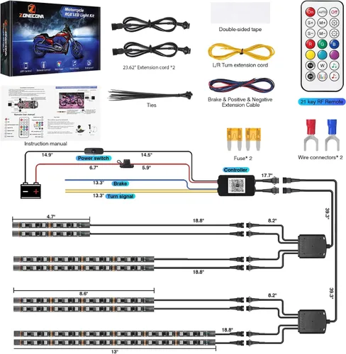 Vista 6 de 8 piezas de kit de luces LED para motocicleta Chasing Dreamcolor con/APP/control remoto RF, señal de giro y freno, tira de luces LED subterráneas
