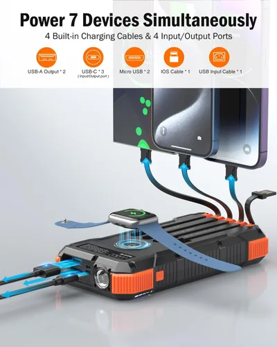 Vista 6 de BLAVOR Cargador solar de 20000 mAh integrado 4 cables, batería externa de carga rápida de 20 W con USB C, luz de campamento, linterna, batería