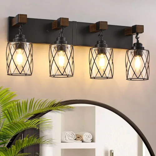 Vista 5 de Accesorios de iluminación de baño estilo granja, lámpara de tocador de 2 luces con pantalla de metal y vidrio, accesorios de iluminación rústicos