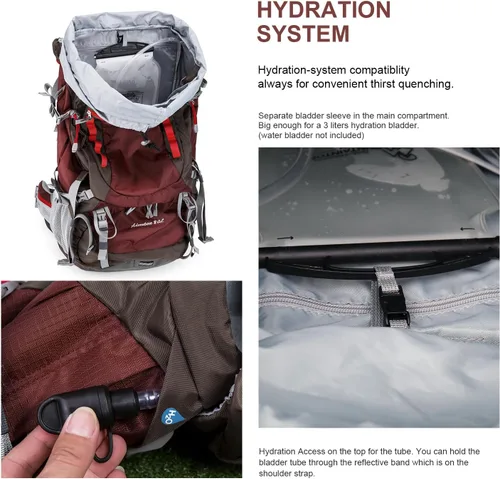 Vista 4 de MOUNTAINTOP Mochila de marco interno de 80L para hombre y mujer Mochila de senderismo con cubierta de lluvia Granate-80l