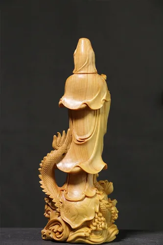 Vista 6 de Estatua de Quan Yin de pie en dragón, Kwan Yin Misericordia Diosa china Feng Shui escultura tallada a mano boj femenino Buda Budista Decoración