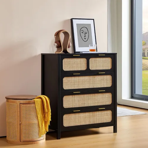 Vista 3 de LEVNARY Cómoda de 4 cajones para dormitorio, cajones de ratán con asas de metal, cómoda de madera para dormitorio, entrada, sala de estar, pasillo