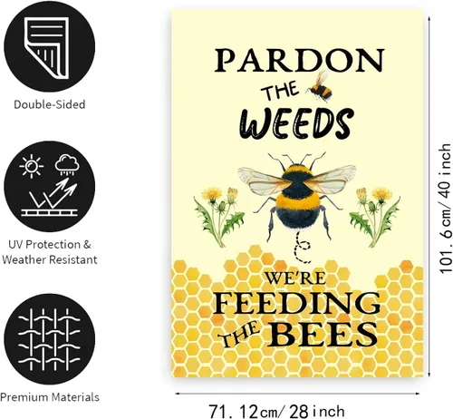 Vista 2 de Banderas de Jardín de Abeja de Verano para Exterior Disculpen las Malezas, Estamos Alimentando a las Abejas, Letrero de Patio, Sin Corte de Césped