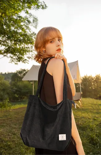 Vista 2 de KALIDI - Bolsa de pana para mujer, con cremallera, casual, de gran capacidad, con bolsillos