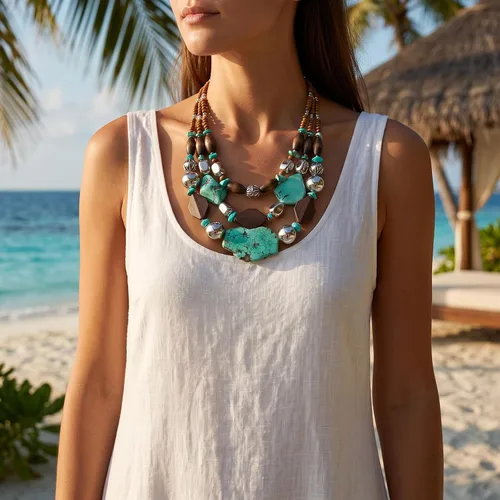 Vista 2 de Bocar 3 Layer Turquoise Wood Beaded Statement Chunky Necklace(NK-10124)