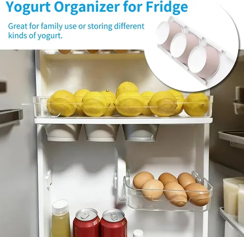 Vista 6 de Organizador de yogur para nevera, soporte de yogur para refrigerador, yogur, nevera, deslizador, estante deslizante para 4 yogures de 3.75 pulgadas