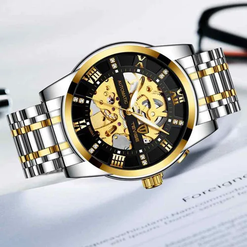 Vista 4 de Dentily Reloj mecánico de acero inoxidable esqueleto automático impermeable relojes de negocios para hombre