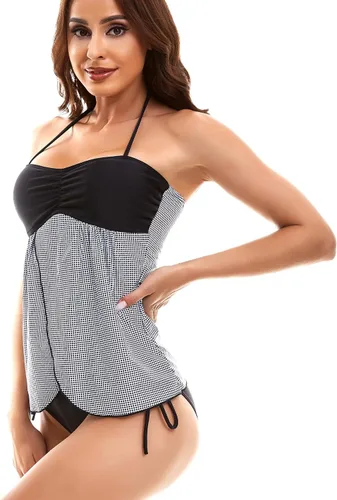 Vista 6 de MOHOPE Traje de baño tankini halter para mujer, control de abdomen, estampado elegante, conjunto de dos piezas