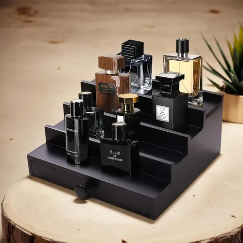 Vista 7 de 4 Tier Men's Cologne Organizer, Black Wooden Display Stand with Drawer Negro-4 niveles