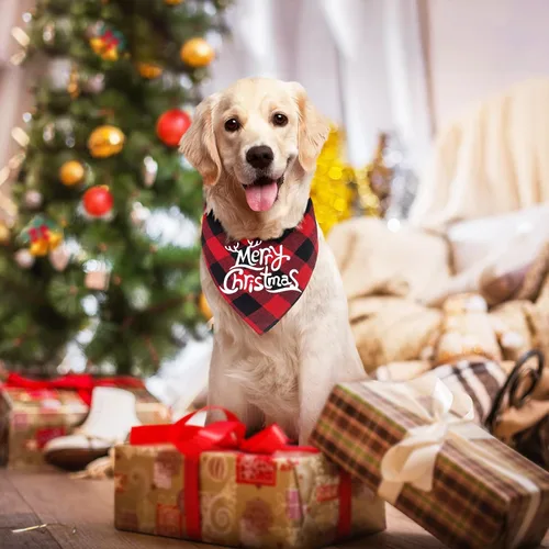 Vista 6 de Malier, 2 paquetes de bandanas para perros de Navidad, clásico búfalo, a cuadros. Bufanda de triángulo, baberos, pañuelo. Disfraz navideño