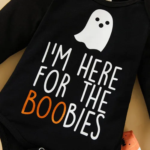 Vista 3 de Trajes de Halloween para bebés niños y niñas, divertido mameluco con letras y pantalones de calabaza fantasma, ropa de Halloween