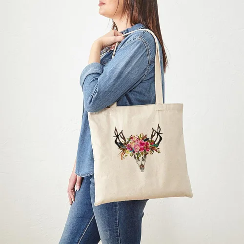 Vista 2 de CafePress Bolsa de lona natural con diseño de calavera de cuernos bohemios, bolsa de compras reutilizable