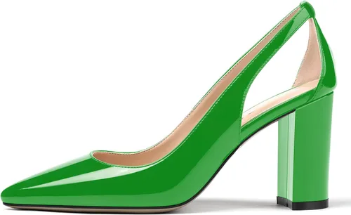 Vista 2 de MERRORI Zapatos de tacón alto grueso para mujer, tacón puntiagudo recortado, zapatos de patente de bloque de 3.3 pulgadas