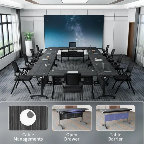 Vista 4 de Mesa de conferencias plegable con ruedas, mesa modular para sala de conferencias con 2 ojales para cables, mesas móviles de sala de reuniones