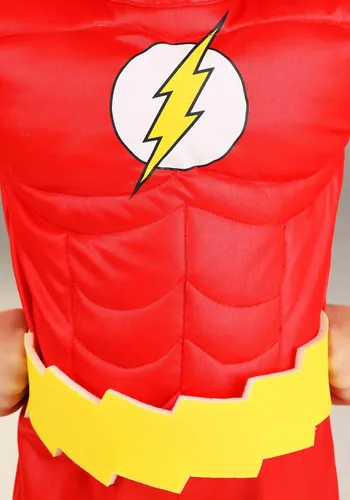 Vista 4 de Disfraz clásico de Flash para niños pequeños, disfraz de superhéroe de DC Comics, pecho muscular, máscara y fundas para botas