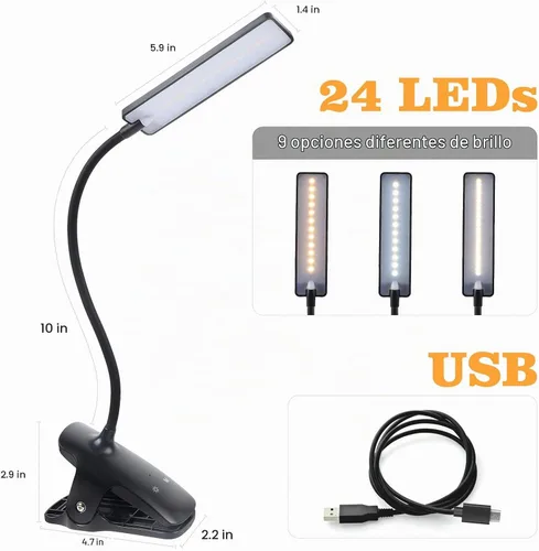 Vista 2 de Luz de Lectura LED con Clip Recargable USB Luces para Libros, 24 LEDs Lámpara de Cama Nocturna de Cuello Flexible, Control Táctil Lámparas de Negro