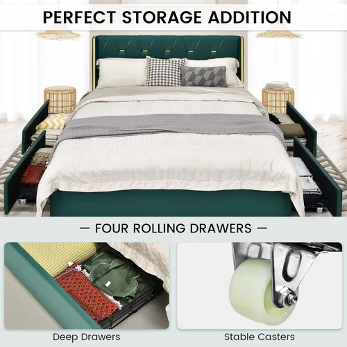 Vista 3 de KOTEK Base de cama tapizada de tamaño matrimonial con 4 cajones, base de cama de plataforma con cabecera copetuda con botones y soporte de listones