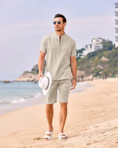 Vista 3 de COOFANDY Conjunto de 2 piezas de lino para hombre, camisas Henley casuales de manga corta, pantalones cortos de yoga para la playa, pantalones