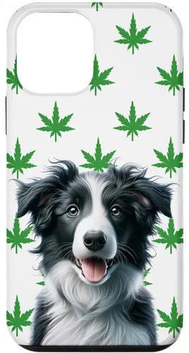 Vista 12 de iPhone 15 Black Border Collie Hemp Leaf Green & White Pattern Case