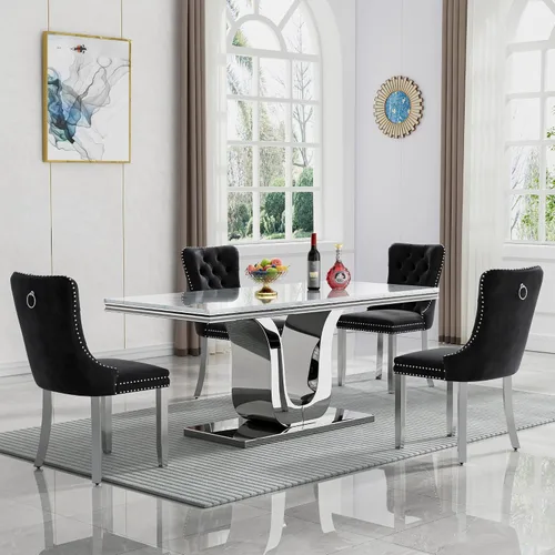Vista 91 de Juego de mesa de comedor de mármol sintético, 7 piezas, juego de mesa de cocina y comedor para 6, mesa de comedor rectangular blanca de 70 pulgadas