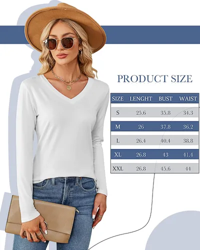 Vista 7 de Ficerd Paquete de 2 camisetas con cuello en V para mujer, manga corta o larga, camisetas básicas de verano casuales con dobladillo sólido