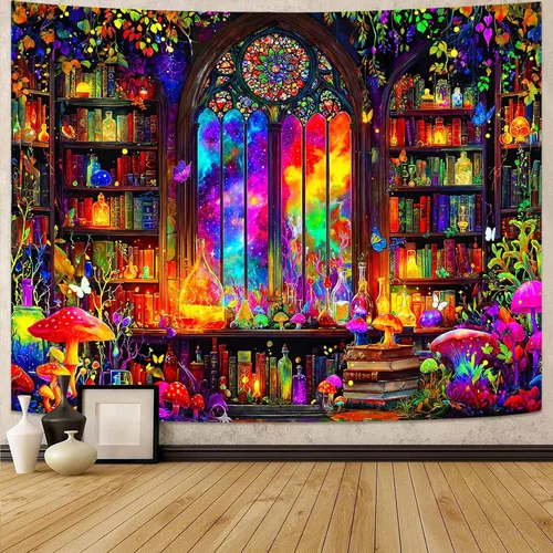 Vista 21 de Spenlife Blacklight - Fantástico tapiz de gato negro, tapiz de pared de gato reactivo que brilla con rayos UV para decoración de habitación, tapiz