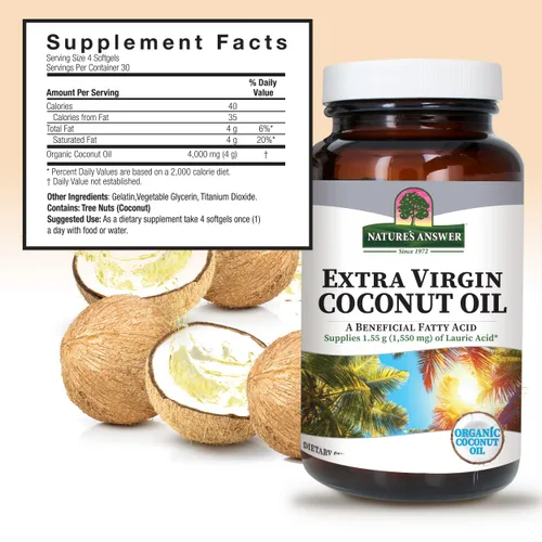 Vista 3 de Nature's Answer Aceite de coco extra virgen en cápsulas blandas de aceite de coco orgánico multiusos, sin OMG, ideal para cabello y piel, hidratante