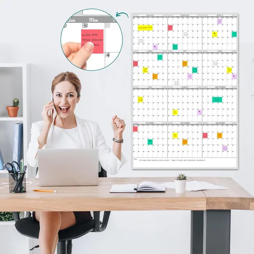 Vista 6 de Calendario de pared grande de borrado en seco, calendario de pared anual sin fecha en blanco, pizarra blanca de 38 x 26 pulgadas, planificador