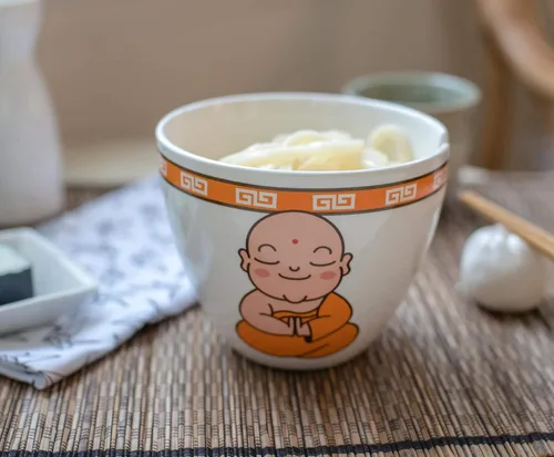 Vista 4 de Toynk Hungry Buddha Nom - Juego de tazón de cerámica y palillos para ramen, cuenco de sopa japonés de 16 onzas, juego de vajilla Tazón de fideos