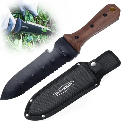 Vista 8 de PERWIN Hori Hori - Cuchillo de jardín, herramientas de jardín con funda, hoja de acero inoxidable de 6 pulgadas con borde de corte, mango ergonómico