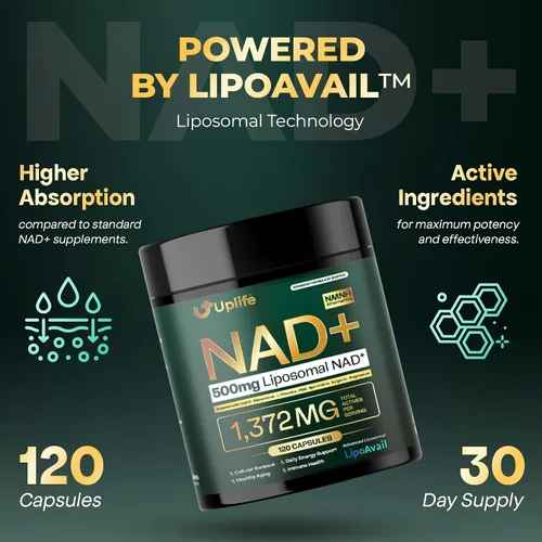 Vista 2 de UPLIFE Suplemento NAD+ 1,372 mg de NAD+ liposomal con CoQ10, resveratrol, espermidina, L-teanina, apigenina y PQQ NMNH potenciador alternativo