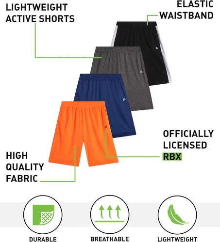 Vista 2 de RBX Pantalones cortos deportivos para niños, paquete de 4 pantalones cortos de malla polar de rendimiento para correr, gimnasio, baloncesto