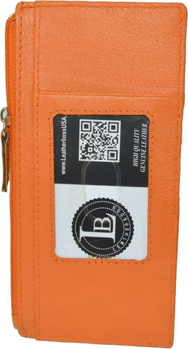 Vista 3 de Leatherboss - Funda para tarjetas todo en uno, cartera delgada con correa de protección para tarjetas, Naranja, Compacto