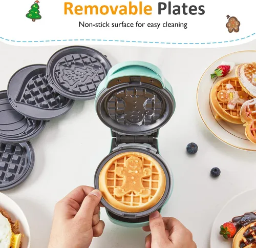 Vista 3 de Mini waflera 6 en 1, plancha de gofres de 4 pulgadas con platos antiadherentes extraíbles, mini máquina para hacer gofres perfecta para niños y Azul