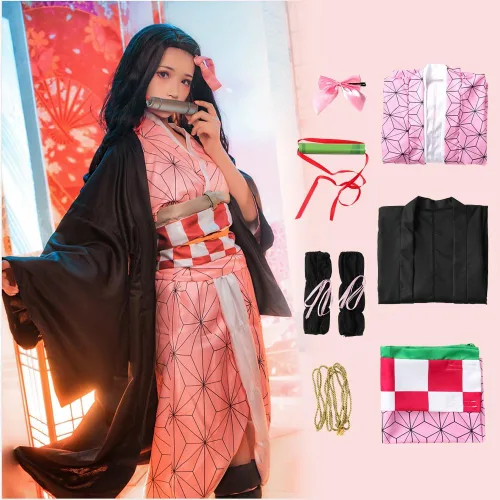 Vista 2 de OURUEPY Disfraz de cosplay para niños Nezuko Halloween Anime Cosplay Kamado Kimono conjunto