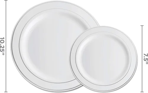 Vista 3 de Munfix Juego de 100 platos de plástico plateado, 50 piezas de cena de 10.25 pulgadas y 50 platos de postre de plástico de 7.5 pulgadas, elegantes