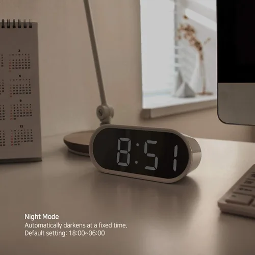 Vista 5 de mooas Reloj despertador digital Pop Mirror, reloj de escritorio LED rosa con luz nocturna, repetición, temperatura, funciona