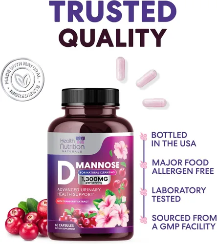 Vista 6 de Suplemento de D-manosa – 1,300 mg de manosa D orgánica por porción con extracto de arándano orgánico – Soporte urinario y vejiga natural de acción