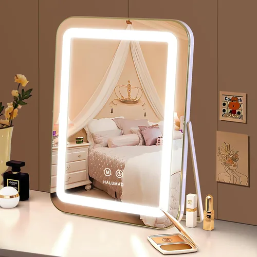 Vista 6 de halumao Espejo de tocador con luces, espejo de maquillaje iluminado de 14.5 pulgadas, espejo de maquillaje LED con luces para mesa de dormitorio