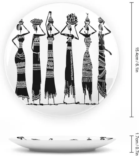 Vista 2 de Plato decorativo de 6 pulgadas, plato de vajilla de mujer africana, boceto de mujeres locales con jarras de cerámica con estampado tribal