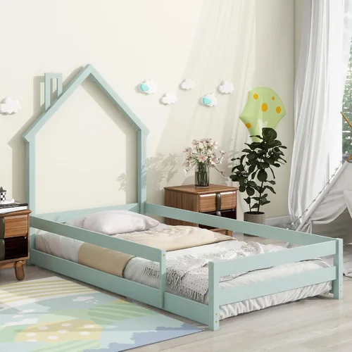 Vista 3 de Harper & Bright Designs Cama de suelo individual para niños con cabecera en forma de casa, cama de plataforma de madera tamaño individual