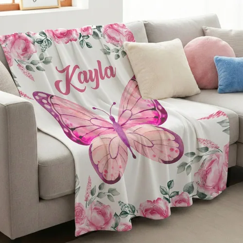 Vista 3 de Manta de mariposa personalizada con texto, manta de franela personalizada con nombre, para niños, perros y gatos, regalo de 30 x 40 pulgadas, XS